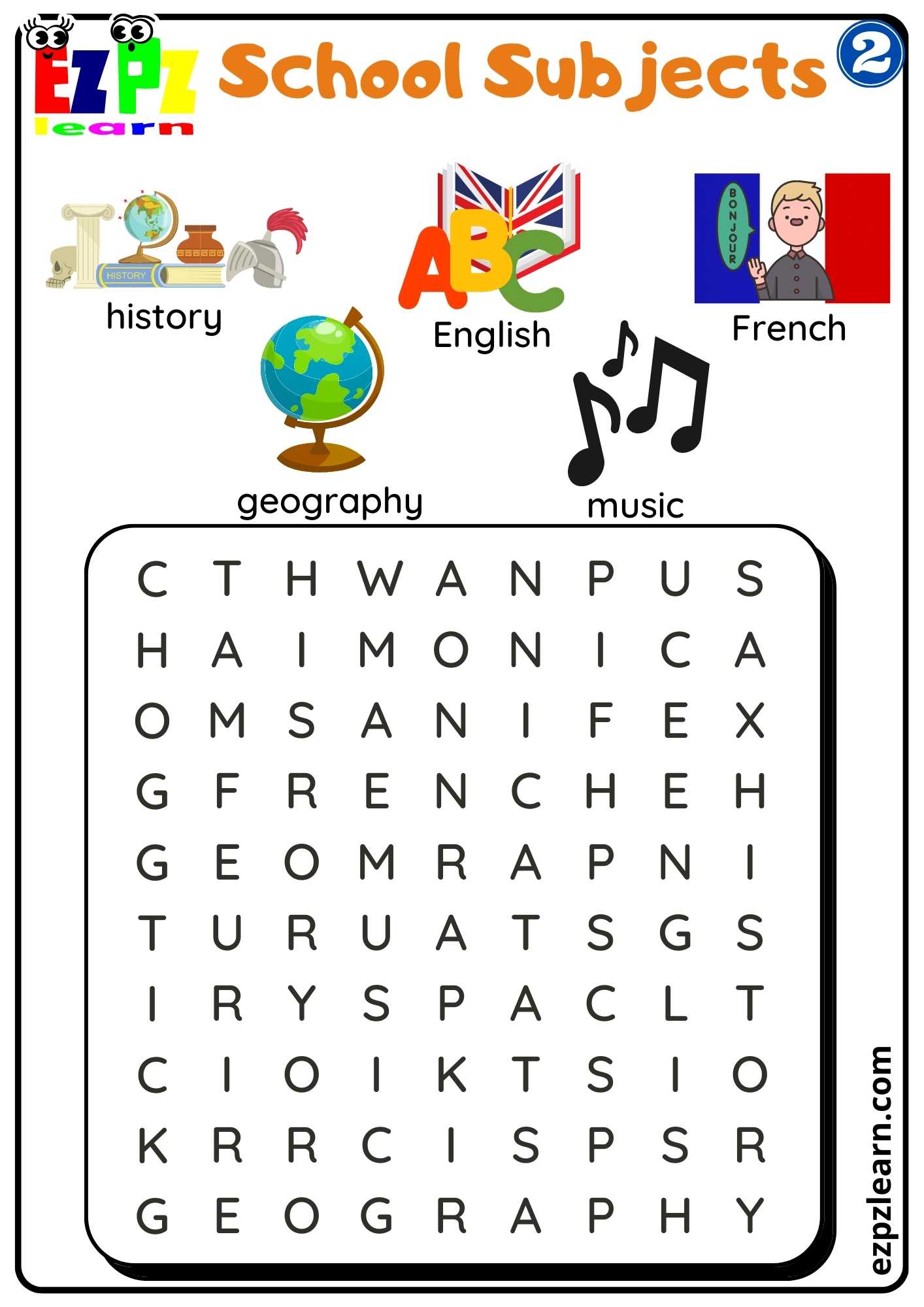 Group2 School Subjects Word Search Worksheet Homeschool and ESL Students